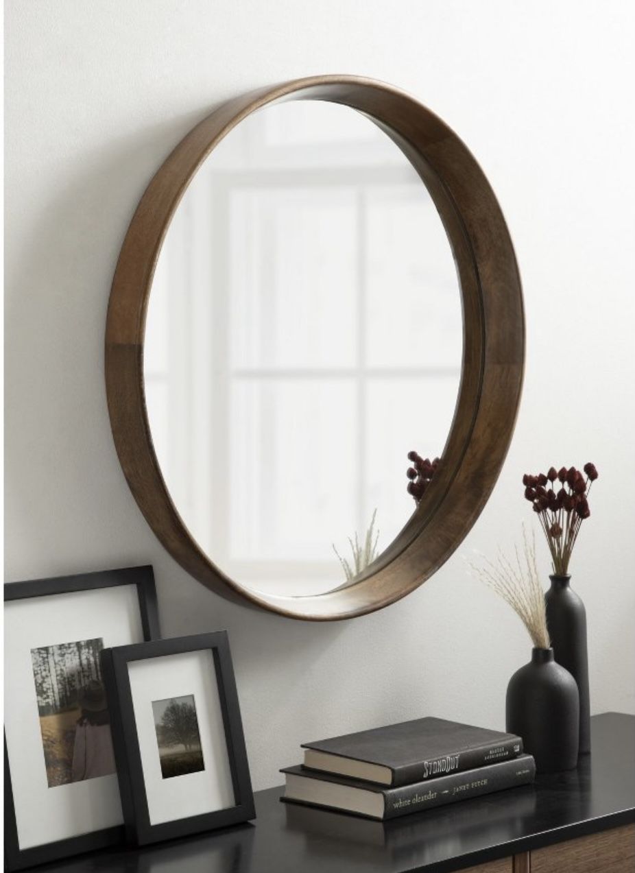Round Wood Mirror Brown Walnut 24” Vanity Entryway Console Table Wall Decor 