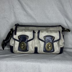 Y2K Beige and Brown Coach Shoulder Purse small/medium size canvas with leather belt and trim