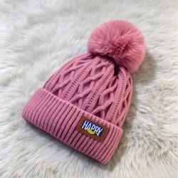 Pink Pom Pom Cable Knit Beanie Hat with HAPPY Patch - Winter Warm, New With Tags