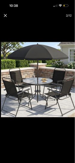 Outdoor Patio Dining Set – Table, 4 Chairs & Umbrella