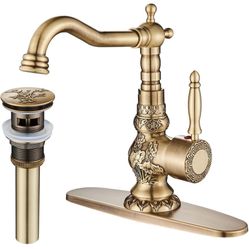 Antique Brass Swivel Spout Bathroom Faucet Vanity Sink Mixer Tap and Pop Up Drain with Overflow