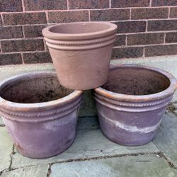 3 Large aged Terra Cotta Clay Planter Pots