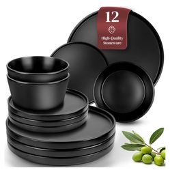 Ceramic Dinnerware Set - Scratch Resistant, Dishwasher & Microwave Safe Stoneware - 12 Piece Plates and Bowls for 4 - Matte Black   Retail price aroun