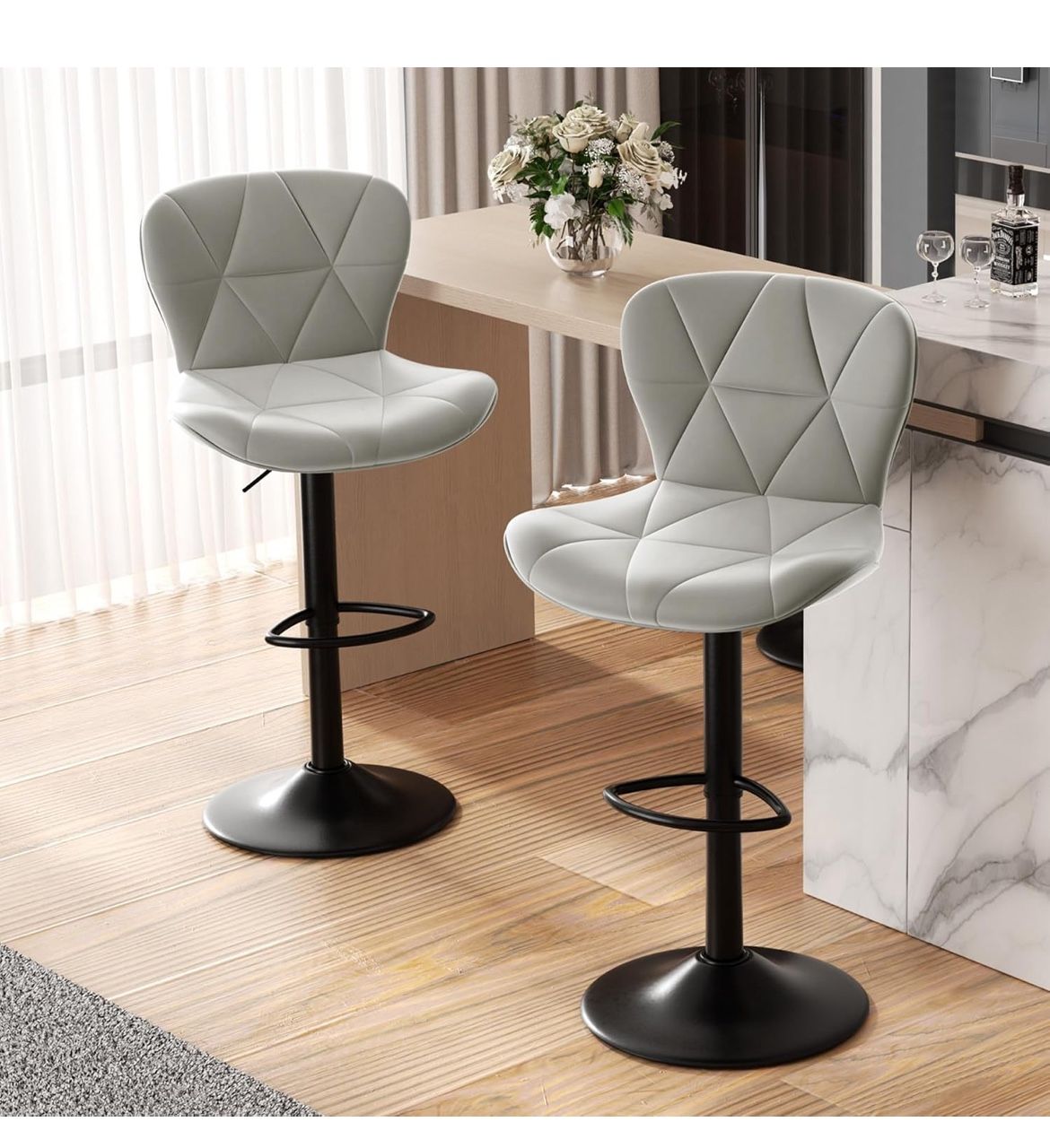Set of 2, Faux Leather Swivel Bar Stools, Adjustable Counter Height Bar Chairs with Back gray