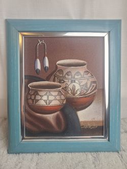 Pueblo Southwest Indigenous Oil On Canvas Sand Painting Signed Myung Mario Jung