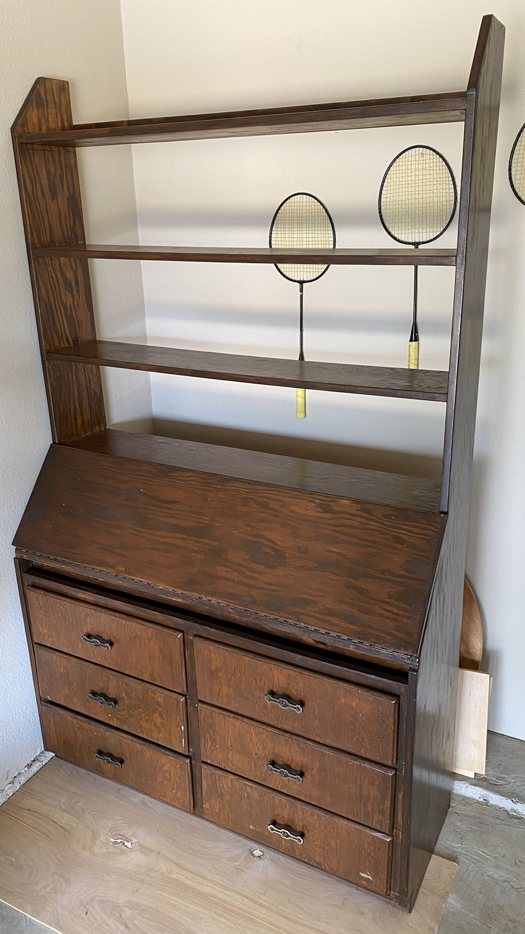 Solid Wood Armoire Desk Bookshelf with 6 Storage Drawers for Sale in