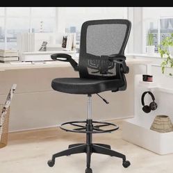 Costway HOME DEPOT Target Black Tall Office Chair with Lumbar Support *Standing desk* Flip Up Arms Drafting Chair $200 Retail  **BRAND NEW IN BOX** 