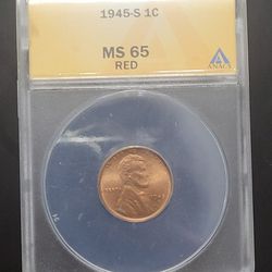 1945s Gem Red Wheat Cent Anacs Ms65