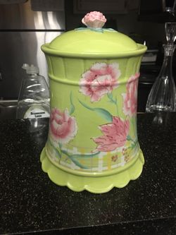Green & pink flower cookie jar