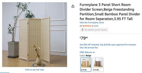 Furnnylane 3 Panel Short Room Divider Screen, Beige