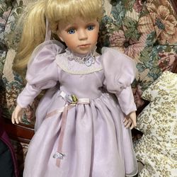 	 20" Victorian Porcelain Doll, Blond Hair, Blue Eyes, Lavender Dress