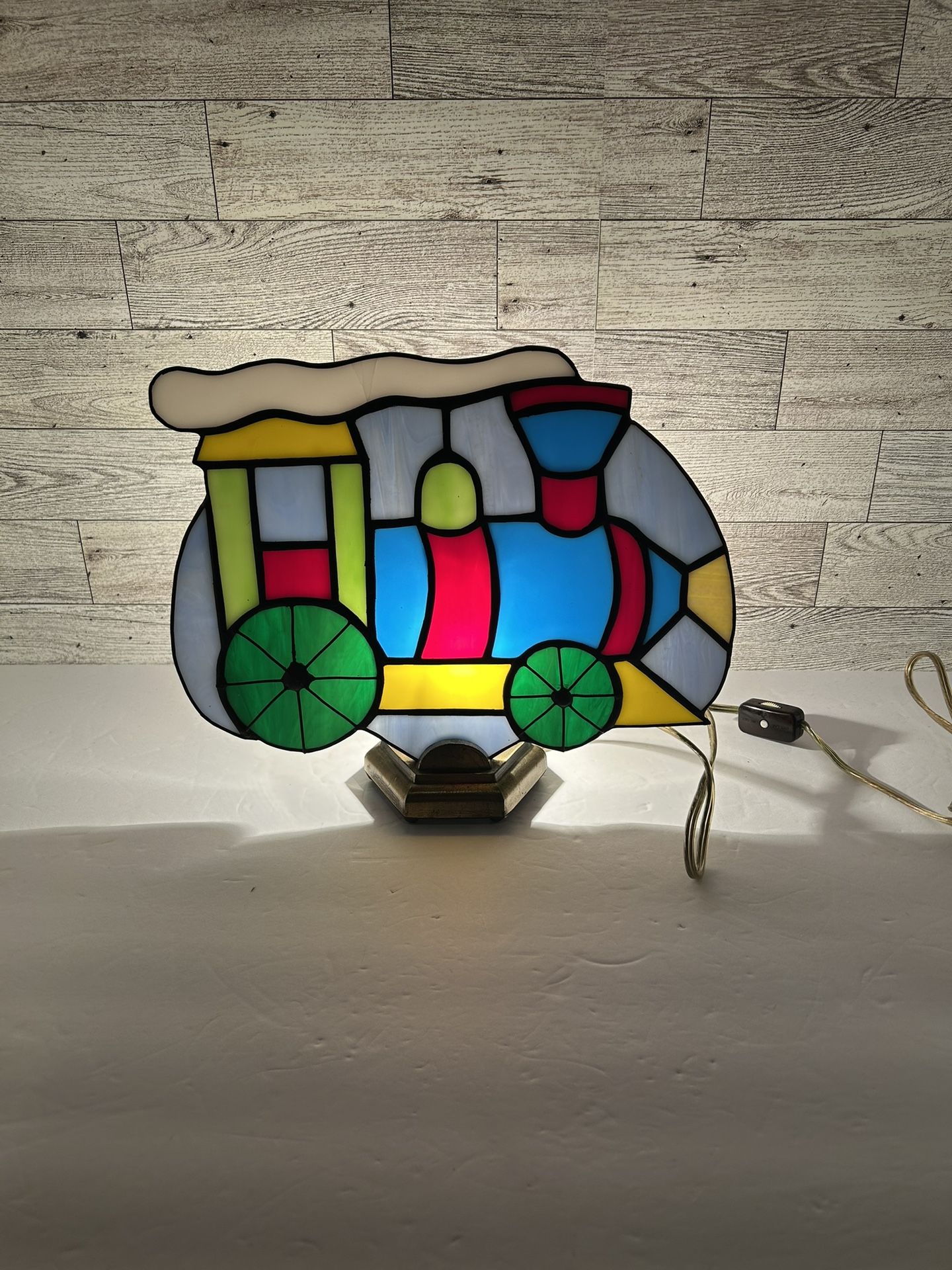 Vintage Christmas Stained Glass Train Accent Lamp Night Light Handcrafted