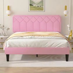 Bed Frame with Upholstered Headboard, Pink Metal Frame Queen Platform Bed with Strong Frame and Wooden Slats Support