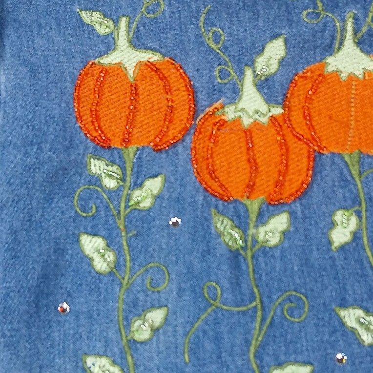 Sz Lg The Quacker Factory Women's Denim Long Sleeve Shirt Pumpkin Fall Embroider