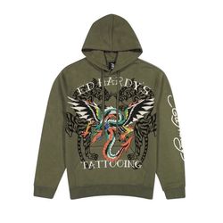 Ed Hardy Tattoo Hoodie Olive Men And Women