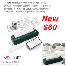 New Rongta Portable Printer Wireless for Travel, 300DPI Thermal Inkless Bluetooth Mobile Printer, Support 8.5" X 11" US Letter, $60