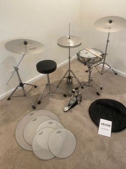 Complete drum set hardware with new quiet cymbals Remo Touchmaster 13 piccolo snare throne Remo powerstock mesh heads stands stick key $275 cash 2401