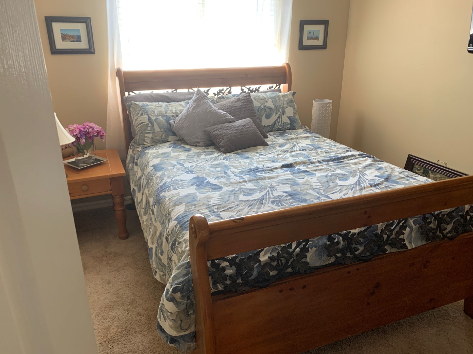 Pine and wrought iron Queen bed with mirrored dresser