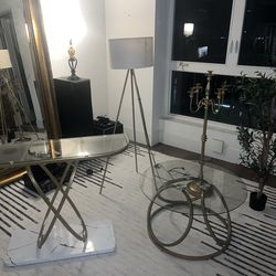 $80 Modern Gold Metal Glass Bar Table (42” L x 32”H) , $100 Coffee Table (32” Diameter), $70 Cabdelabra, $40 Modern Floor Lamp, $50 Artificial Olive T