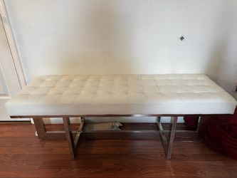 Tufted White Leather Bench with Chrome Base