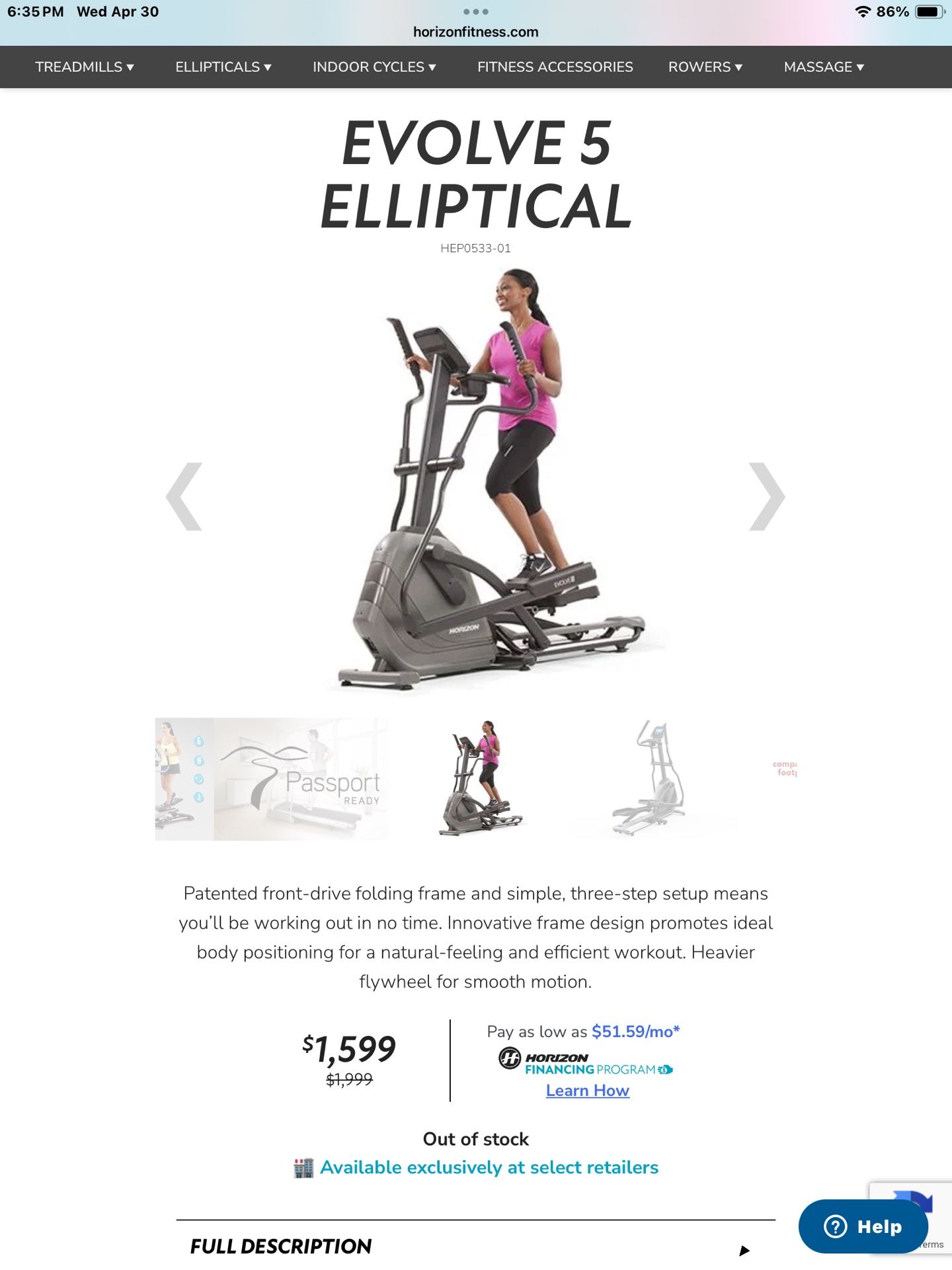 Horizon Fitness Evolve Heavy Duty Folding Elliptical Cross