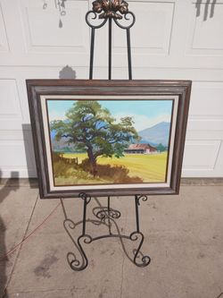 Vintage framed farm barn and large oak tree signed oil on canvas impressionist  painting