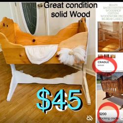 $45 High end Solid Wood swing/rocking Cradle bohemian style with mattress & 100% cotton sheets