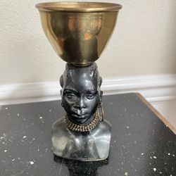 Vintage Art Deco African Woman Sculpture with a brass Bowl . Black Metal Nubian Woman. 6”