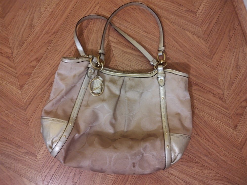 Coach B1376-F22527 Champagne & Silver Alexandra Chain Shantung “C” Tote Handbag Purse