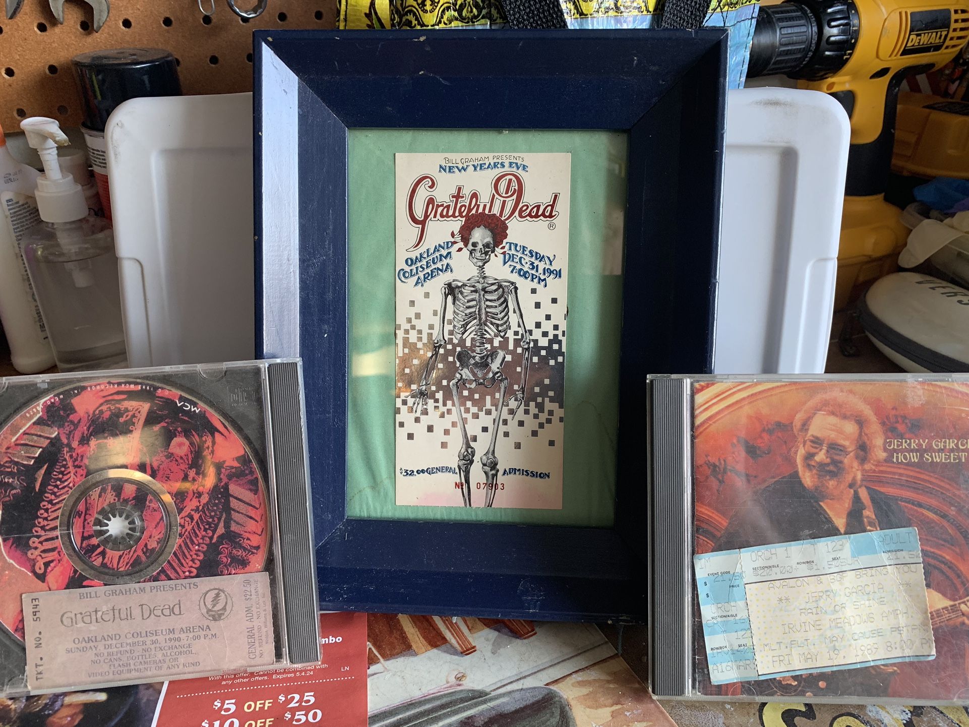 Original Grateful Dead ticket stubs, one from 1989 Irvine Meadows May 19. There is one from December 30 1990 at Oakland Coliseum and one from December