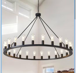 HHR 48-Inch Wagon Wheel Chandelier 24-Light, Extra Large Black Chandeliers, Round Rustic Farmhouse Outdoor Chandelier for High Ceilings, Dining Room, 