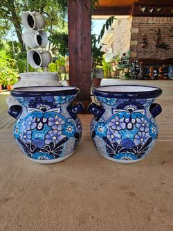 Talavera Teal Blue Clay Pots, Planters,Plants, Pottery $60 cada uno.