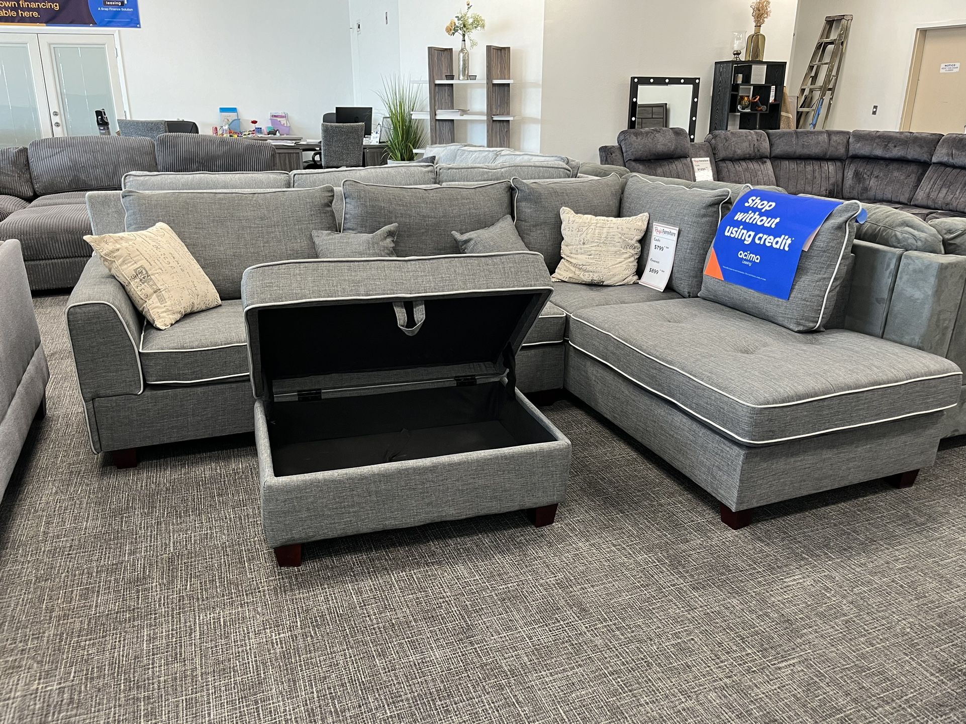 Gray Sofa Sectional Set W/ Storage Ottoman