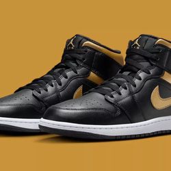 Size 9.5-Nike Air Jordan 1 Mid Black Metallic Gold DQ8426-071 Men’s or GS Shoes NEW