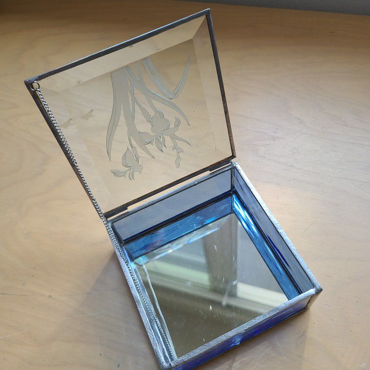 Blue Stained Glass Silver Iris Etched Trinket Jewelry Box