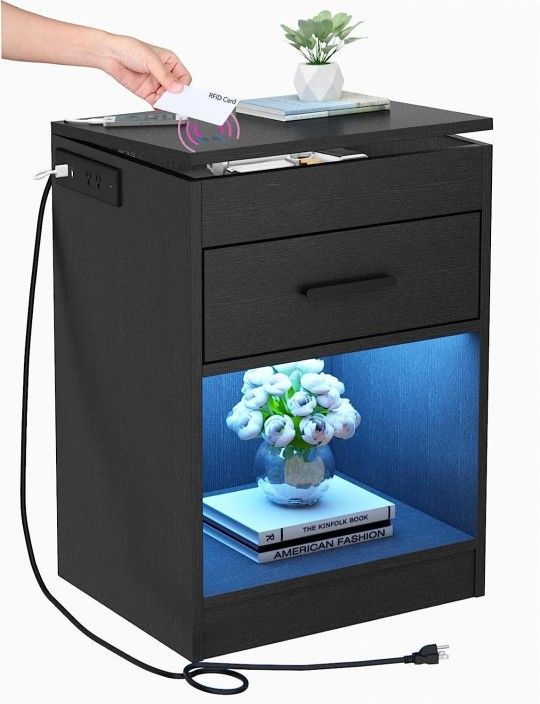 NEW IN BOX Auromie LED Nightstand with Charging Station and RFID Lock Cabinet Hidden Compartment & Power Outlet BLACK