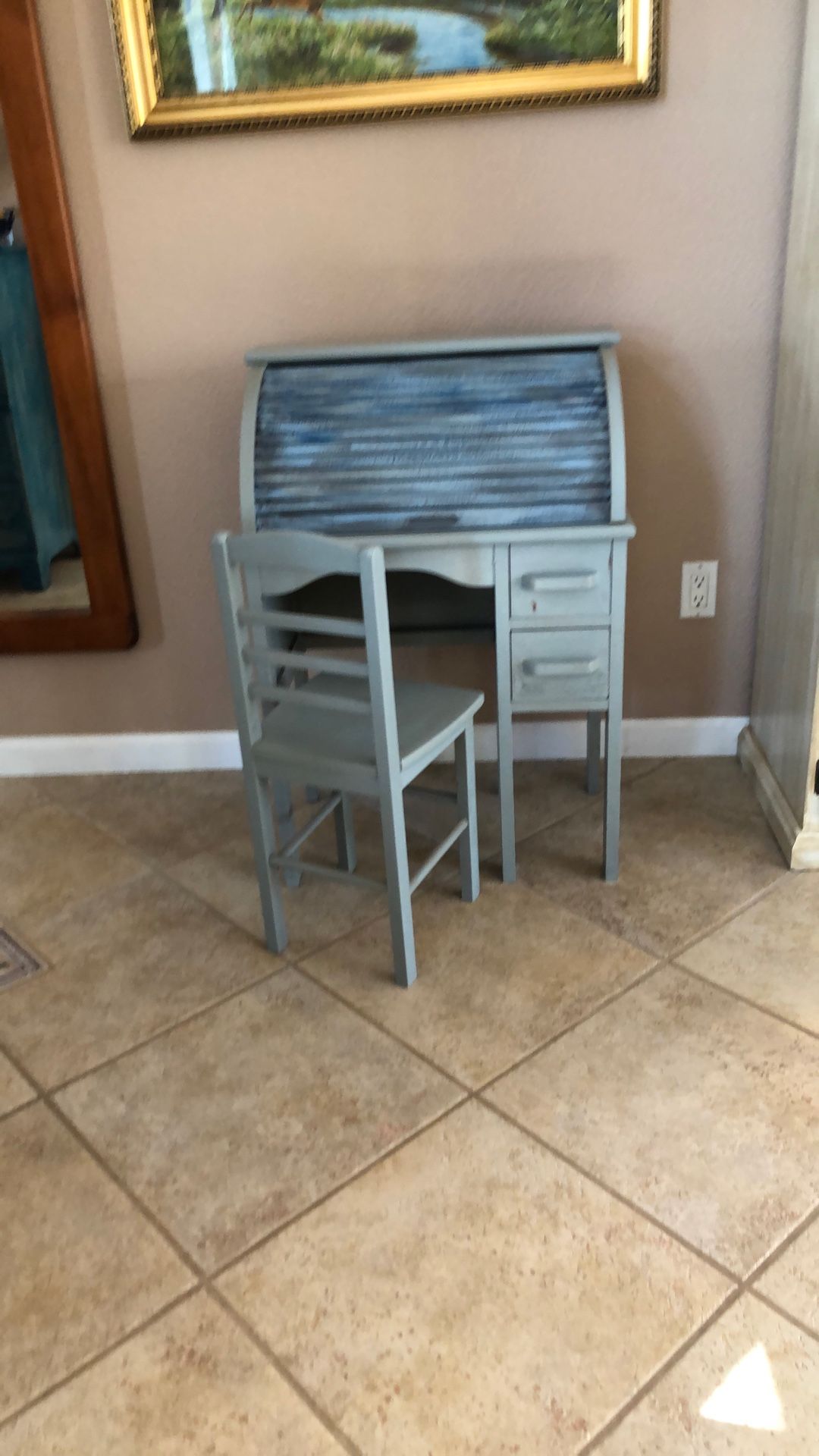 Antique Child’s Roll Top Desk With Chair