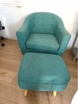 Mid-Century Modern Teal Armchair and Ottoman Set