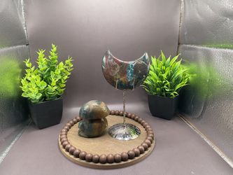 224g 3.6” X 2.1” Ocean Jasper Moon & 269g 3”x2.4” Mushroom Carving Bundle