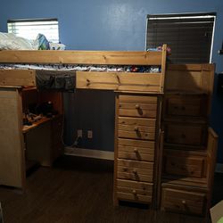 Bunkbed, Wood 2 Twins With Stairs, Ladder, Nine Drawers, A Desk And Shelves