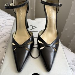 ALDO Black Leather Pointed Toe Heels with Ankle Strap - Size 37