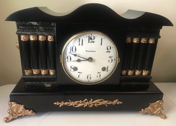 Antique Waterbury Ebony Ormolu 8 Column Mantle Gong Bell Chime Deco Clock