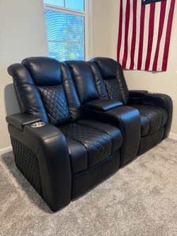 Black Leather Power Recliner Loveseat with Console