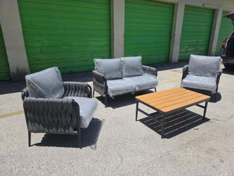 GDF Studio Woven Rope Loveseat Set + Wood Top Coffee Table – New