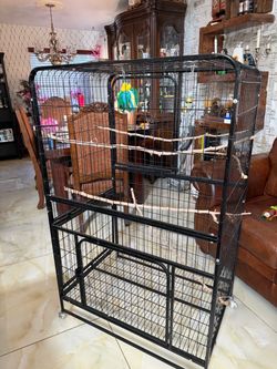 Large Black Metal Bird Cage on Wheels