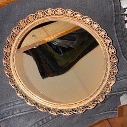 Vintage 50s Mid Century Victorian Style Table Vanity Mirror Gold Metal Filigree