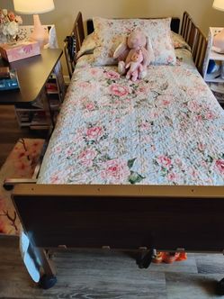Hospital bed, bed side table, rug