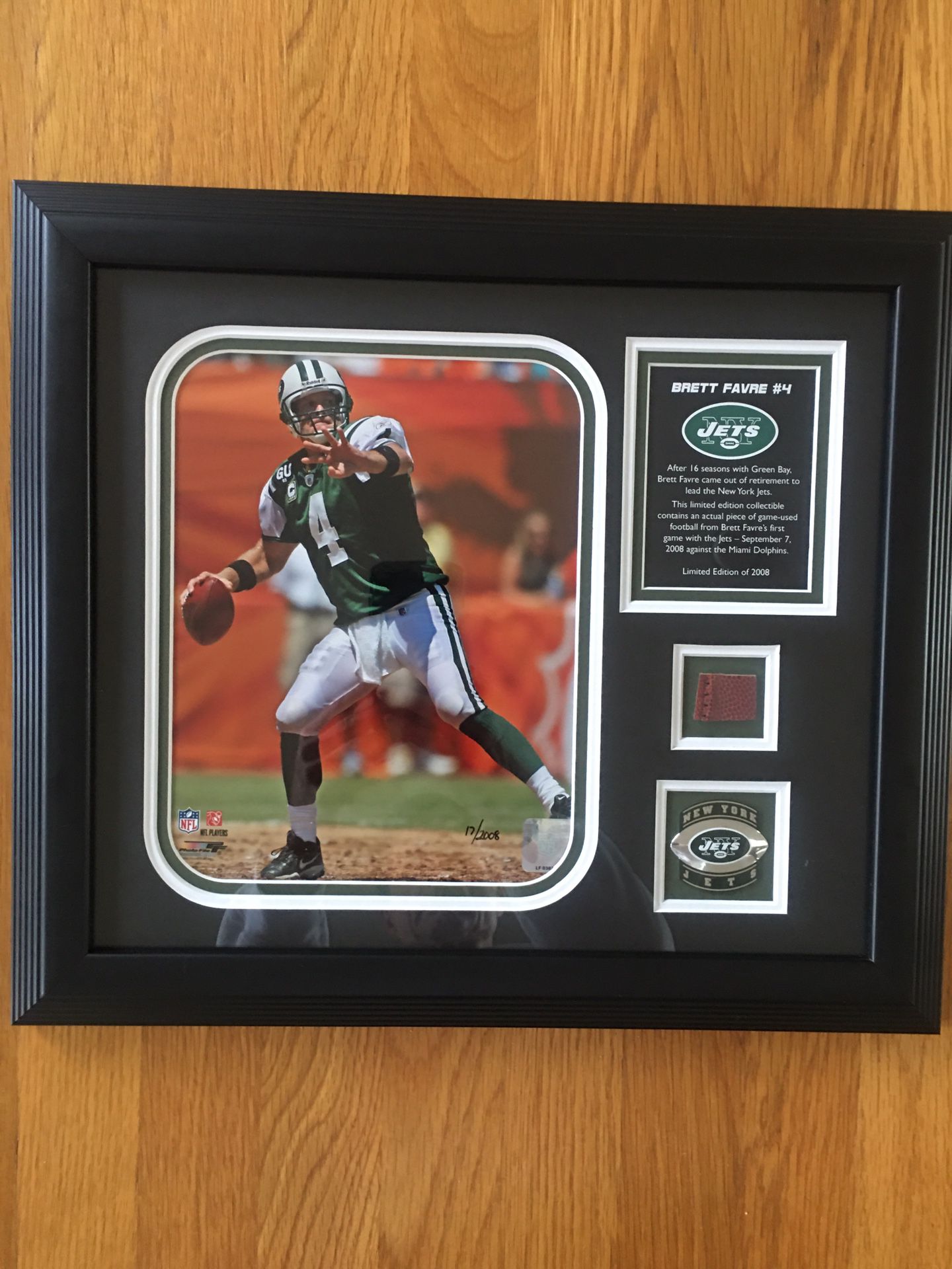 Brett Farve Game Used Piece Of Football From 1st Game W/ Jets. #17 Of 2,008. 15x17. Like New. 