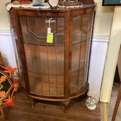 Antique Leaded Glass Bow Front Curio Cabinet