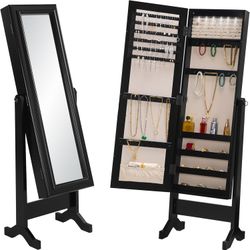 Black Cabinet Standing Mirror Jewelry Armoire With LED lights